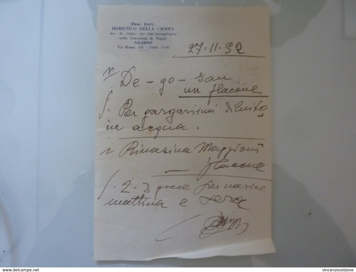 Ricetta Farmaceutica Prof. Dott. DOMENICO DELLA CIOPPA Salerno 1932 - Manoscritti