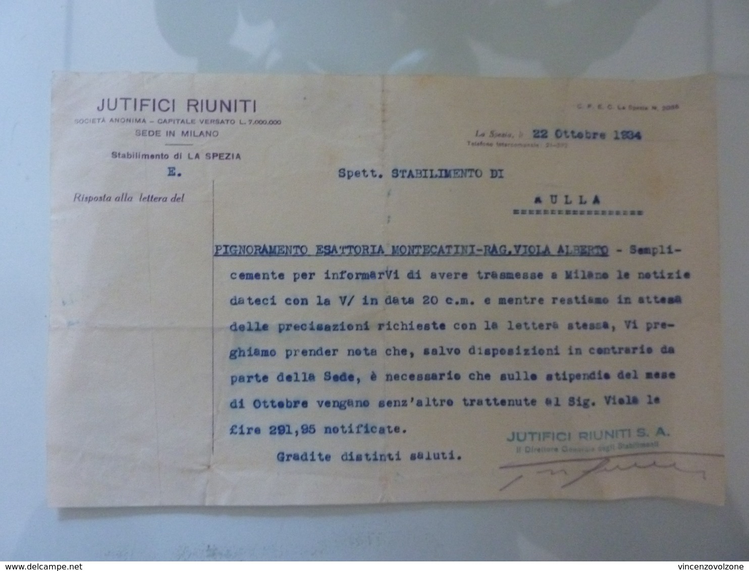 Lettera Commerciale "JUTIFICI RIUNITI Stabilimento Di AULLA" 22 Ottobre 1934 - Italia