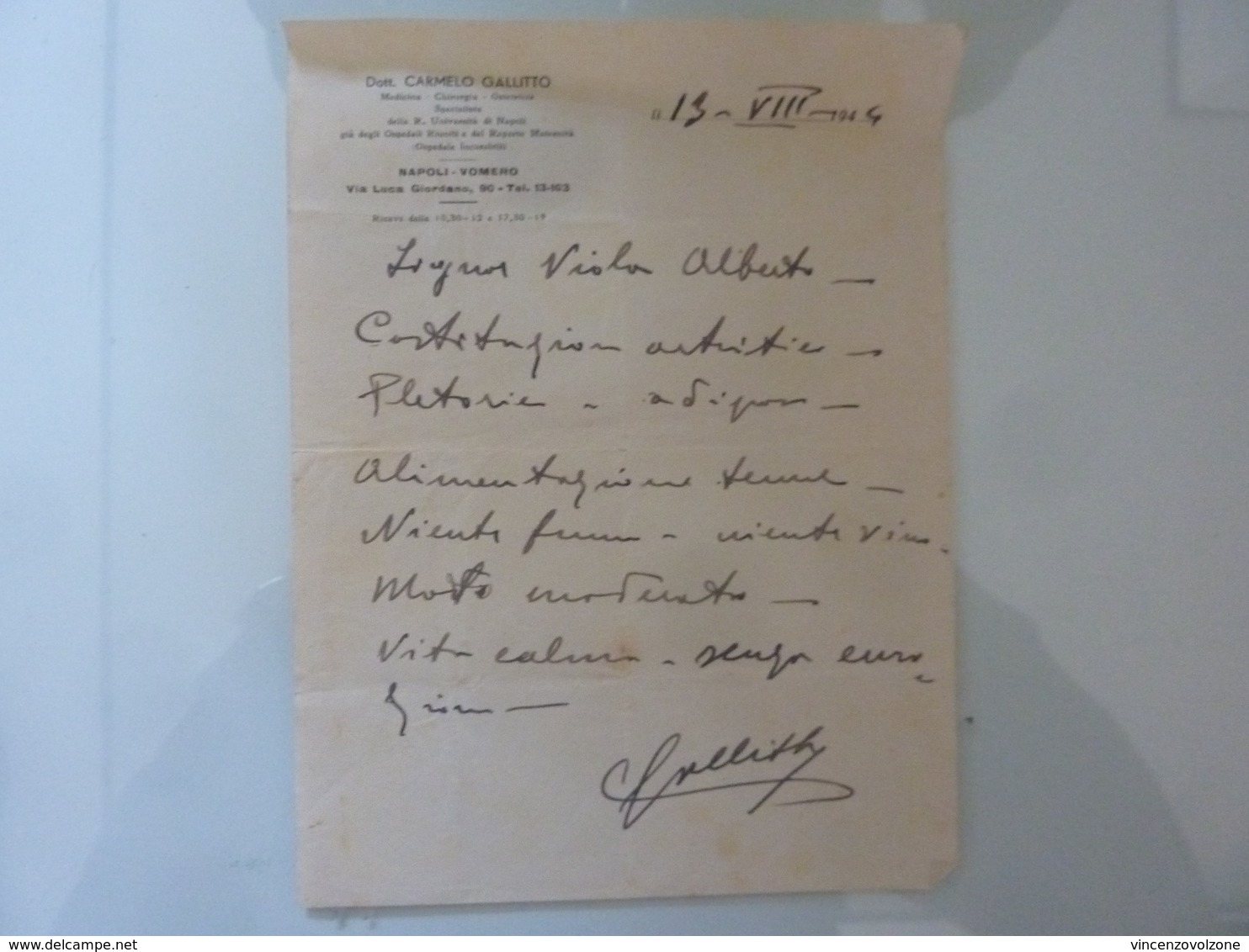 Certificato Medico Dott. CARMELO GALLITTO Napoli 1944 - Manoscritti