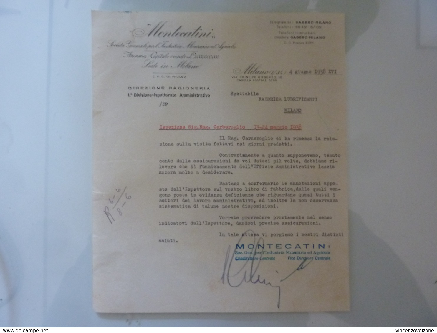 Lettera Commerciale "MONTECATINI Direzione Ragioneria" 1938 - Italië