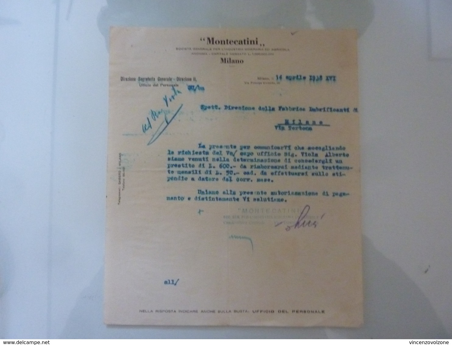 Lettera Commerciale "MONTECATINI Direzione Segreteria Generale" 1938 - Italia