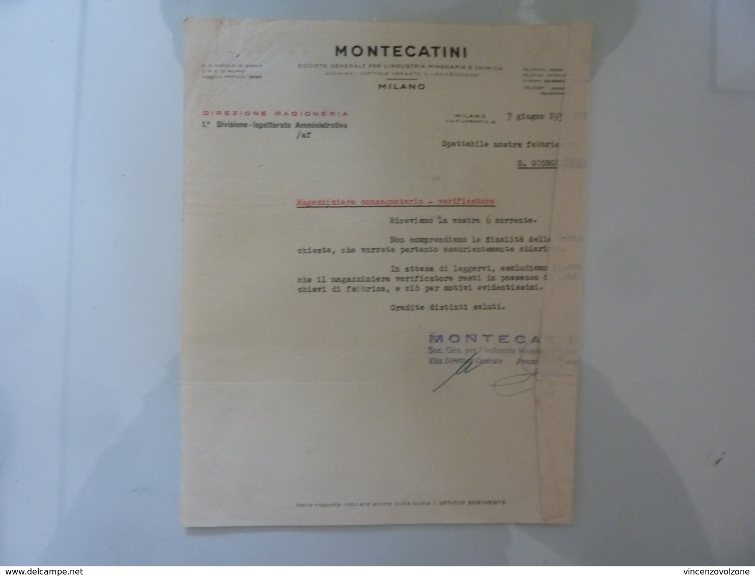 Lettera Commerciale "MONTECATINI Direzione Ragioneria" 1939 - Italia