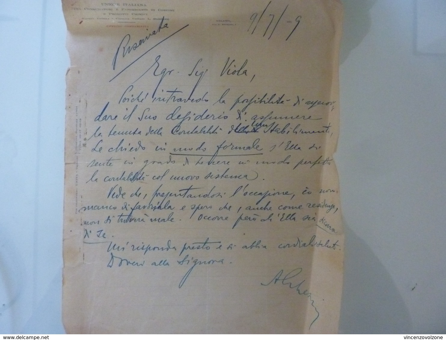 Lettera Manoscritta "UNIONE ITALIANA FRA CONSUMATORI E FABBRICANTI DI CONCIMI E PRODOTTI CHIMICI" 1919 - Italia