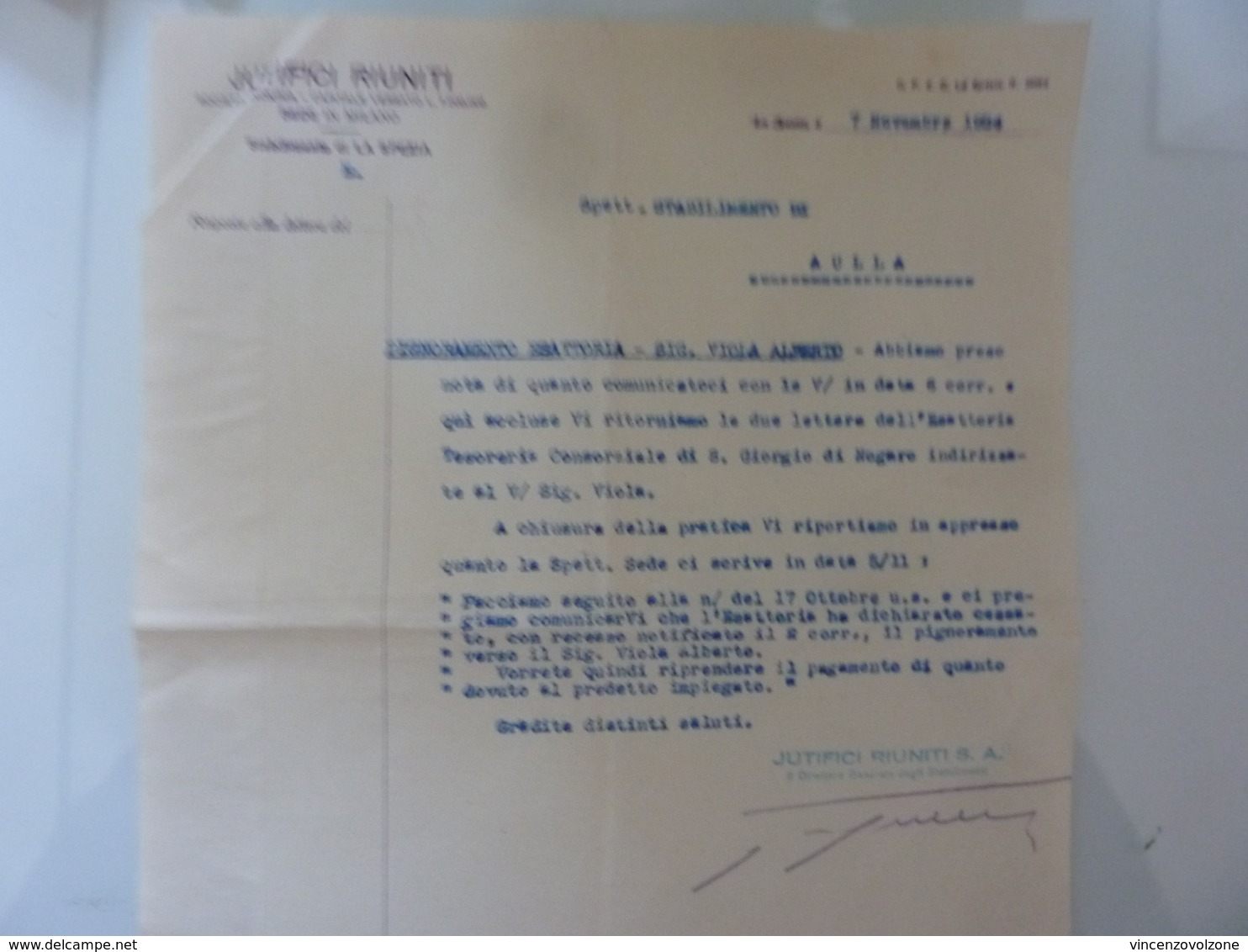 Lettera  "JUTIFICI RIUNITI  Stabilimento Di  La Spezia PIGNORAMENTO ESATTORIA - Aulla"  1934 - Italia