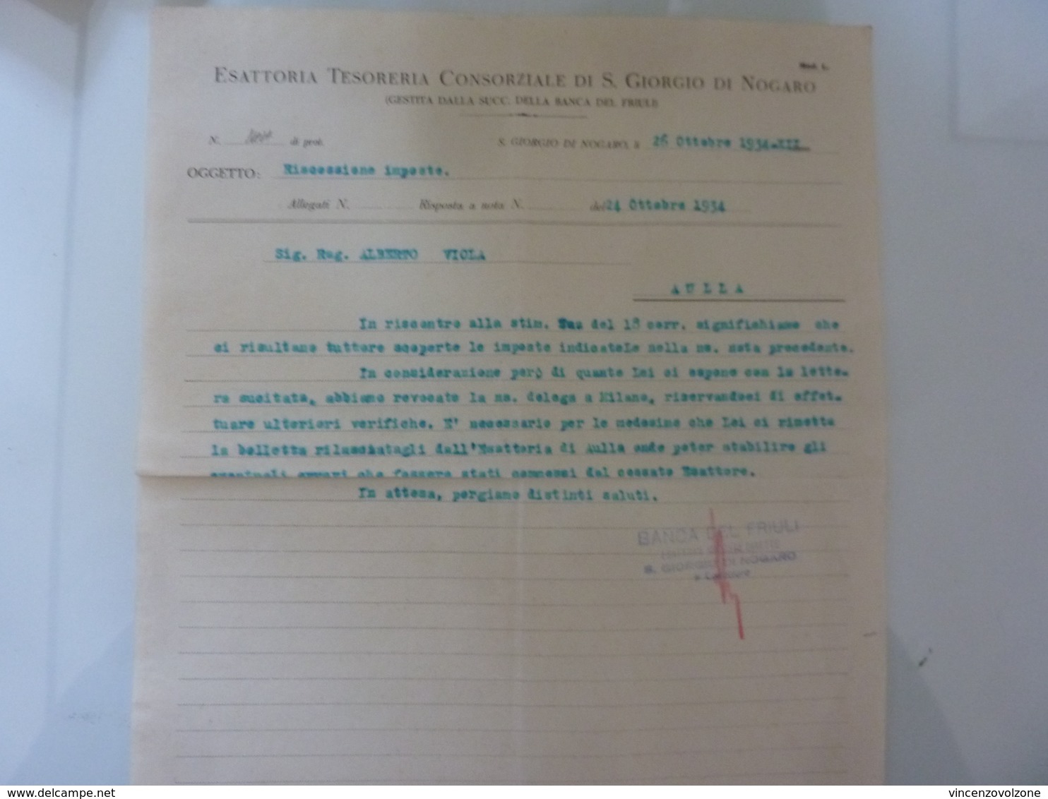Lettera  "ESATTORIA TESORERIA CONSORZIALE DI S. GIORGIO NOGARO" 1934 - Italia