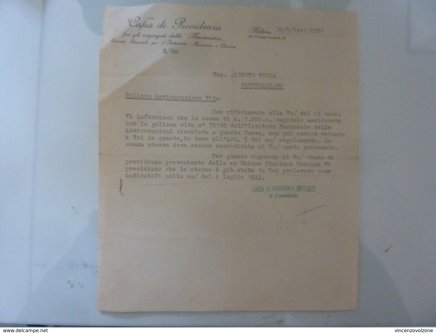 Lettera "CASSA DI PREVIDENZA PER GLI IMPIEGATI DELLA  MONTECATINI" 1941 - Italia