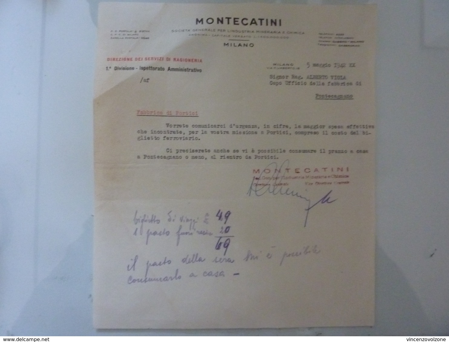 Lettera "MONTECATINI Direzione Dei Servizi Di Ragioneria Fabbrica Di Portici" 1942 - Italia