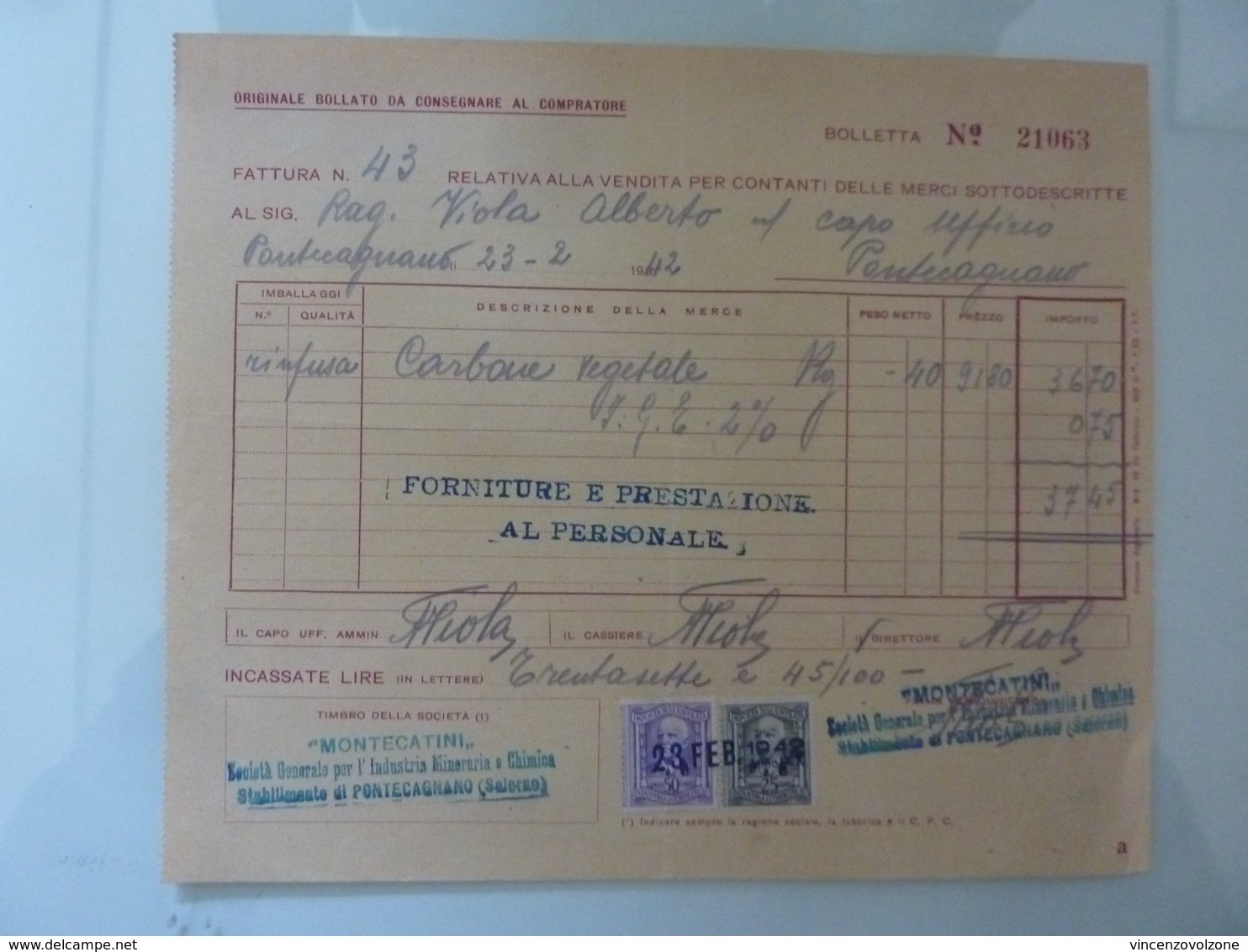 Fattura "MONTECATINI Stabilimento Di Pontecagnano ( Salerno )" 1942 - Italia