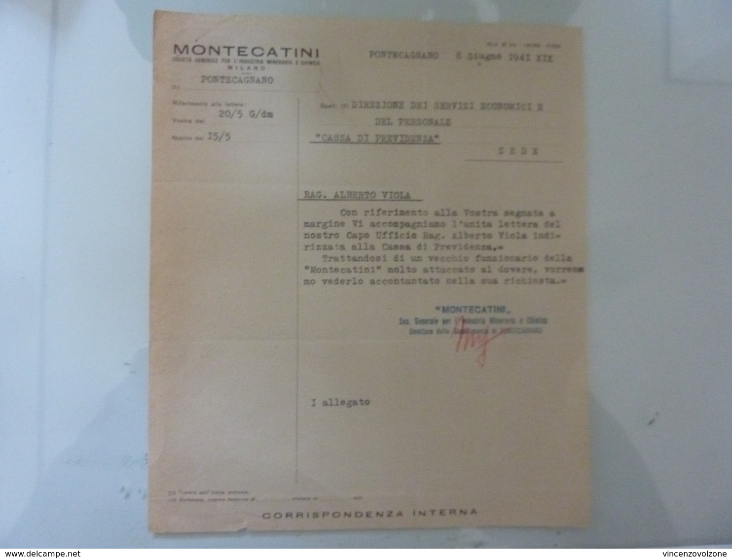 Lettera "MONTECATINI Stabilimento Di Pontecagnano  CASSA DI PREVIDENZA" 1941 - Italy