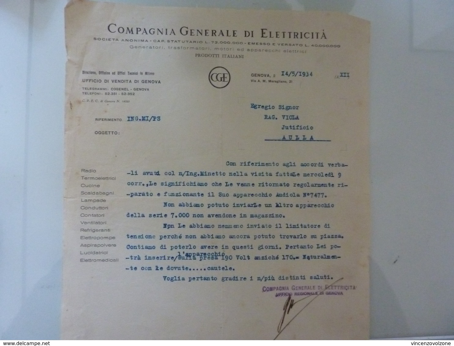 Lettera "COMPAGNIA GENERALE DI ELETTRICITA' " 1934 - Italia