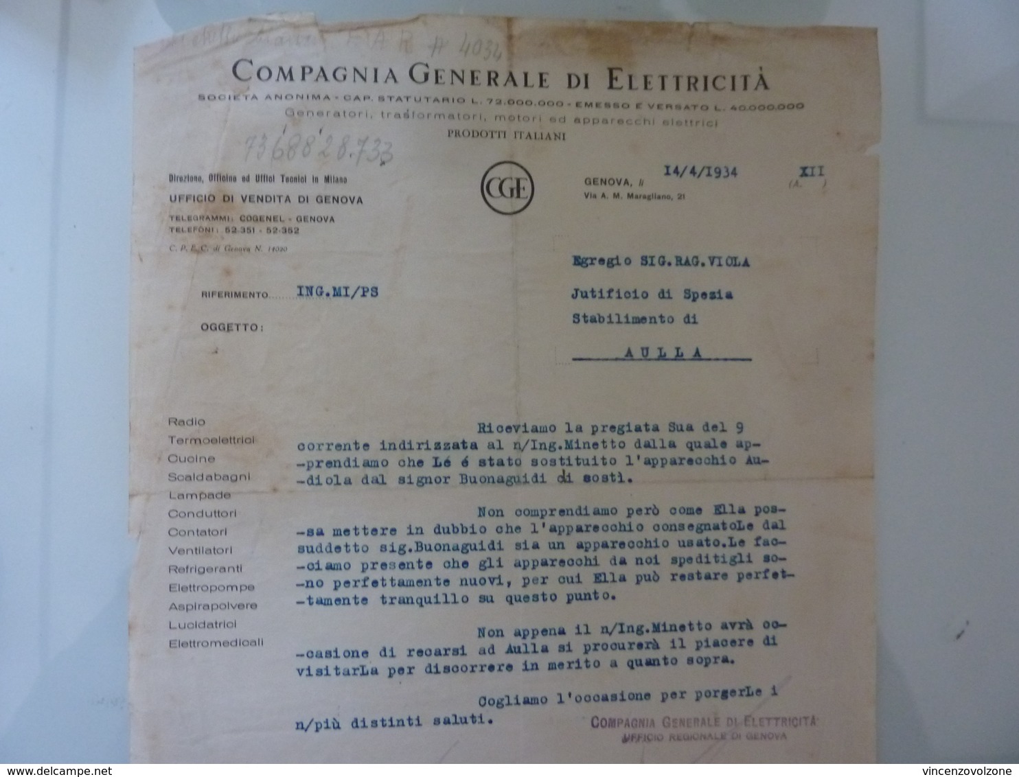 Lettera Commerciale "COMPAGNIA GENERALE DI ELETTRICITA' " 1934 - Italia