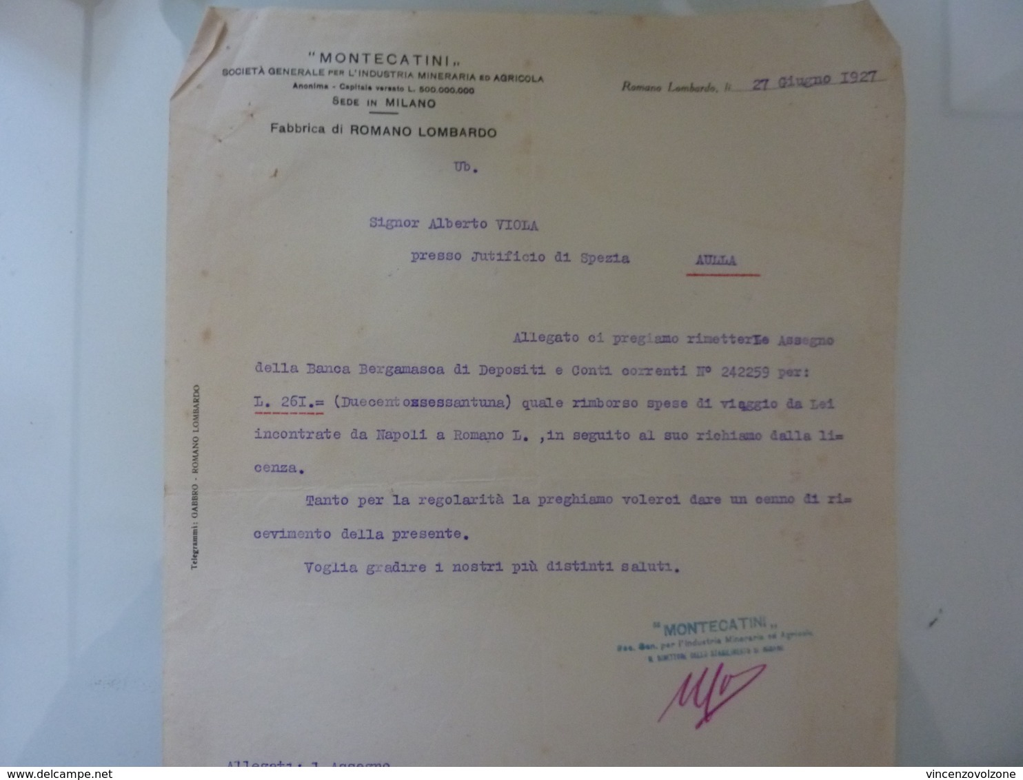 Lettera Commerciale "MONTECATINI  Fabbrica Di ROMANO LOMBARDO" 1927 - Italia