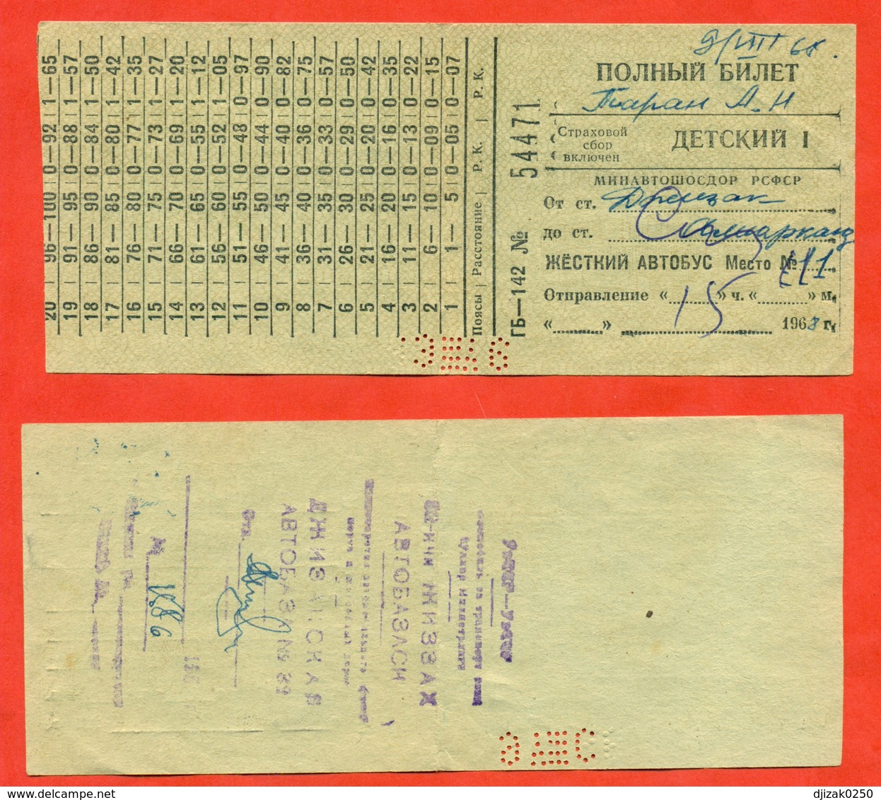 Uzbekistan 1968 (ex-USSR). Bus Ticket Jizzak-Samarkand. Children's. - World