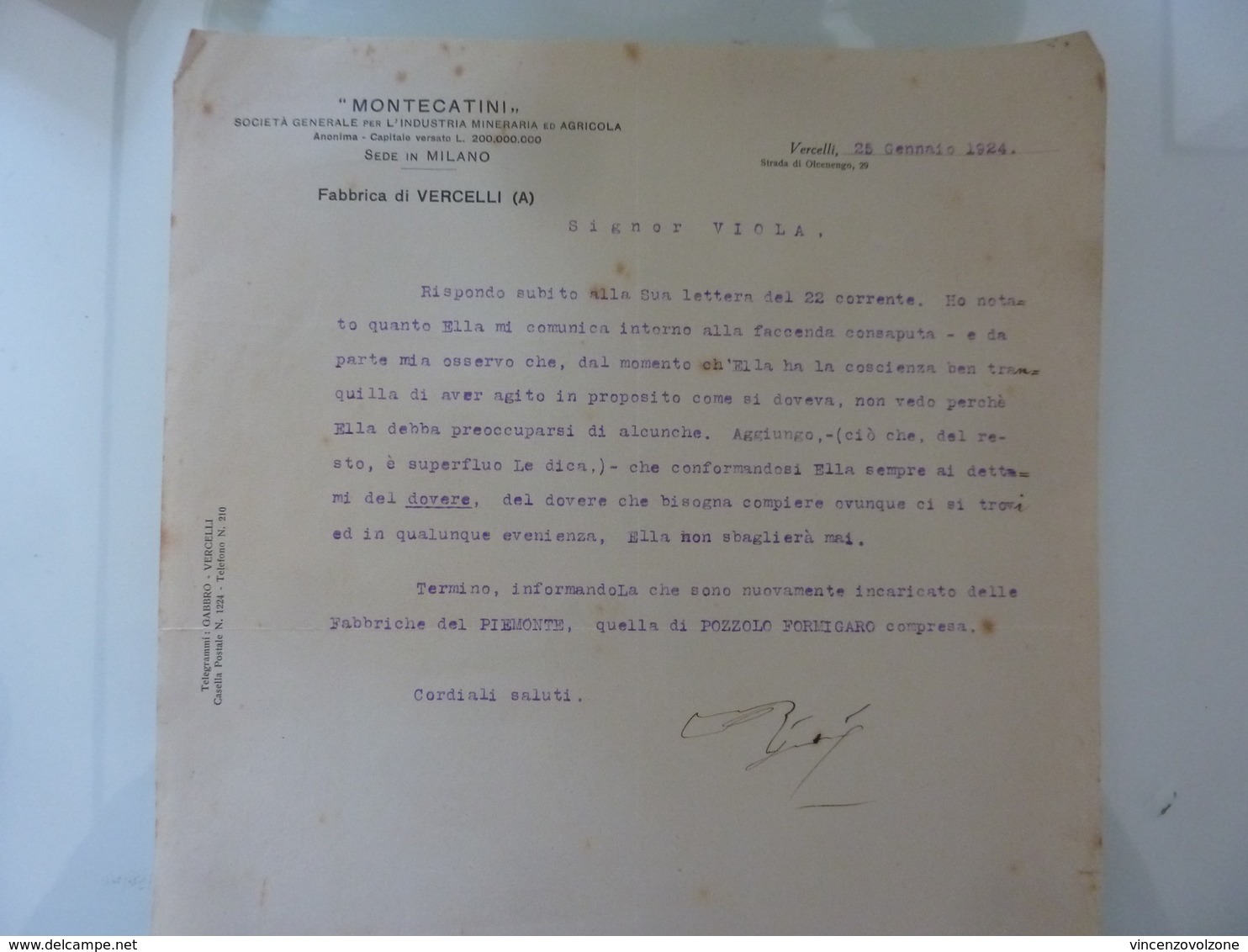 Lettera Commerciale "MONTECATINI  Fabbrica Di VERCELLI ( A )" 1924 - Italia