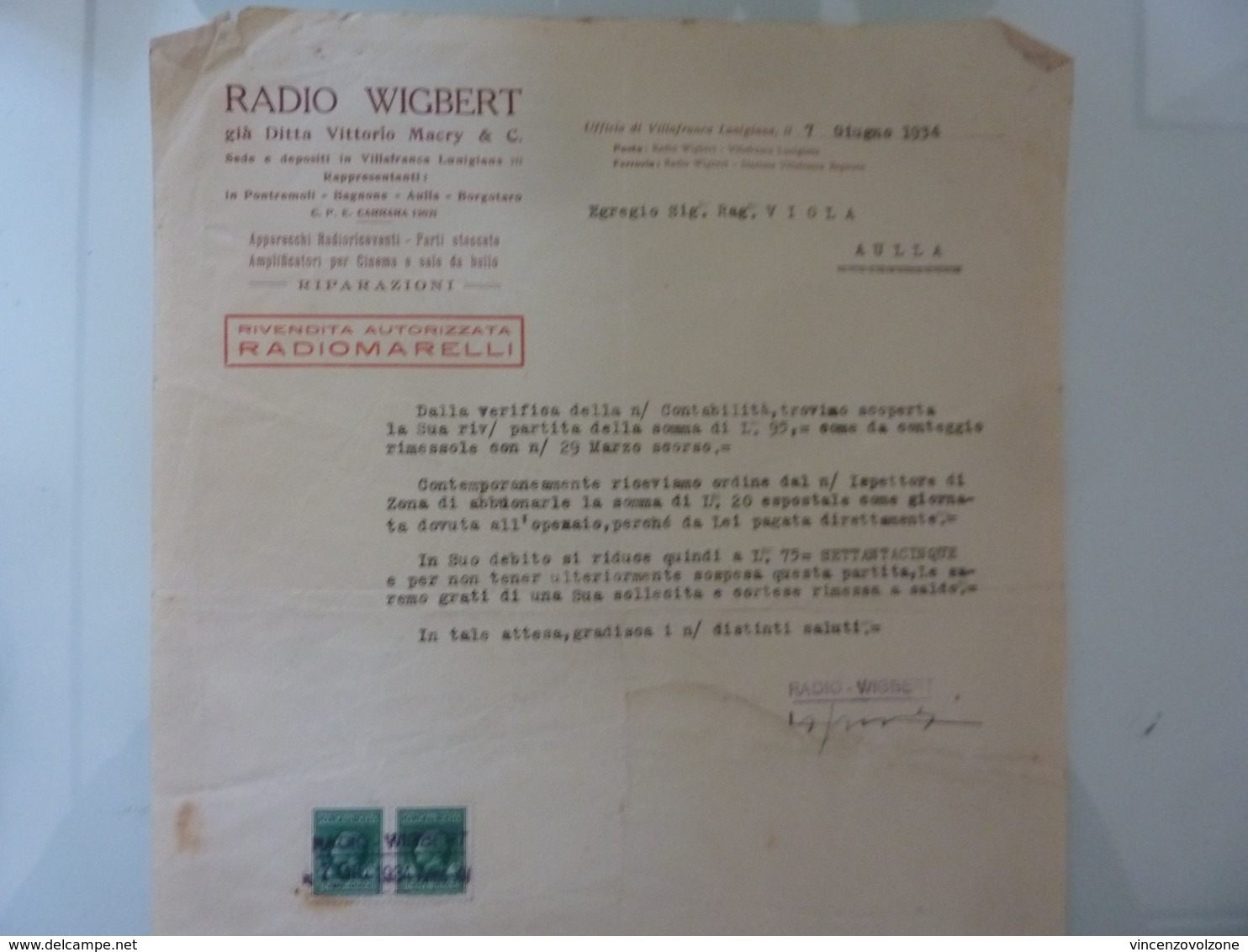 Lettera Commerciale "RADIO WIGBERT Ufficio Di VILLAFRANCA LUINIGIANA" 1934 - Italia