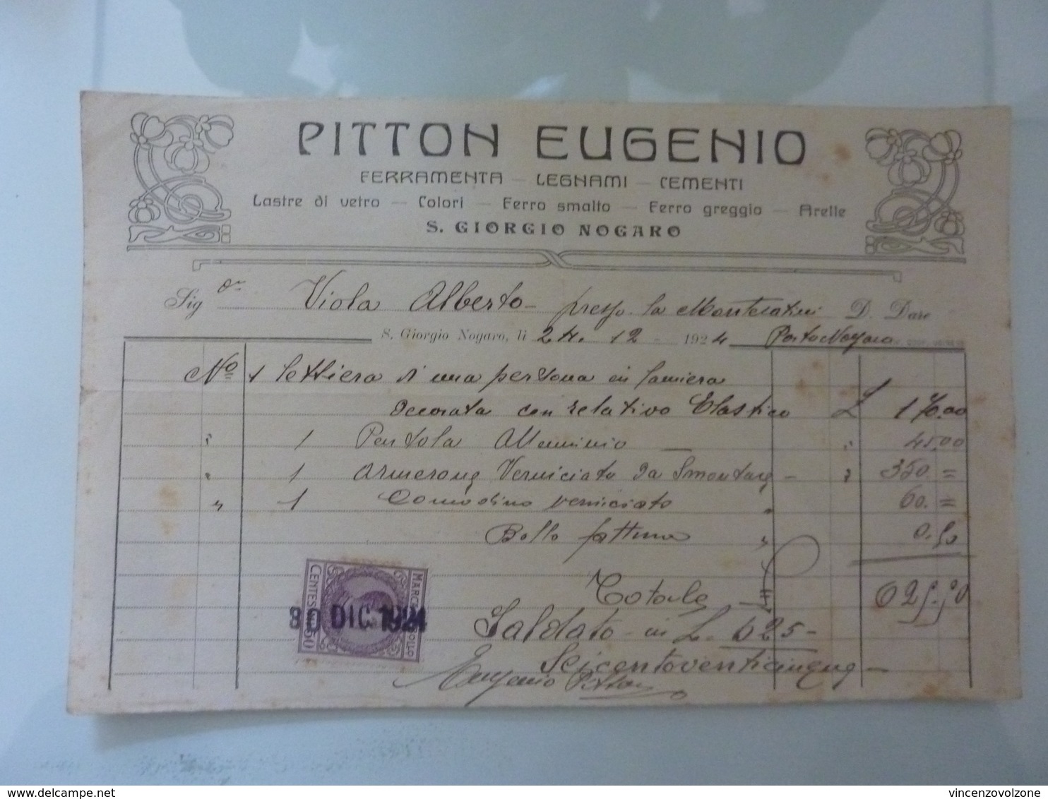 Ricevuta "PITTON EUGENIO Ferramenta, Legnami, Cementi S. GIORGIO NOGARO" 1924 - Italia