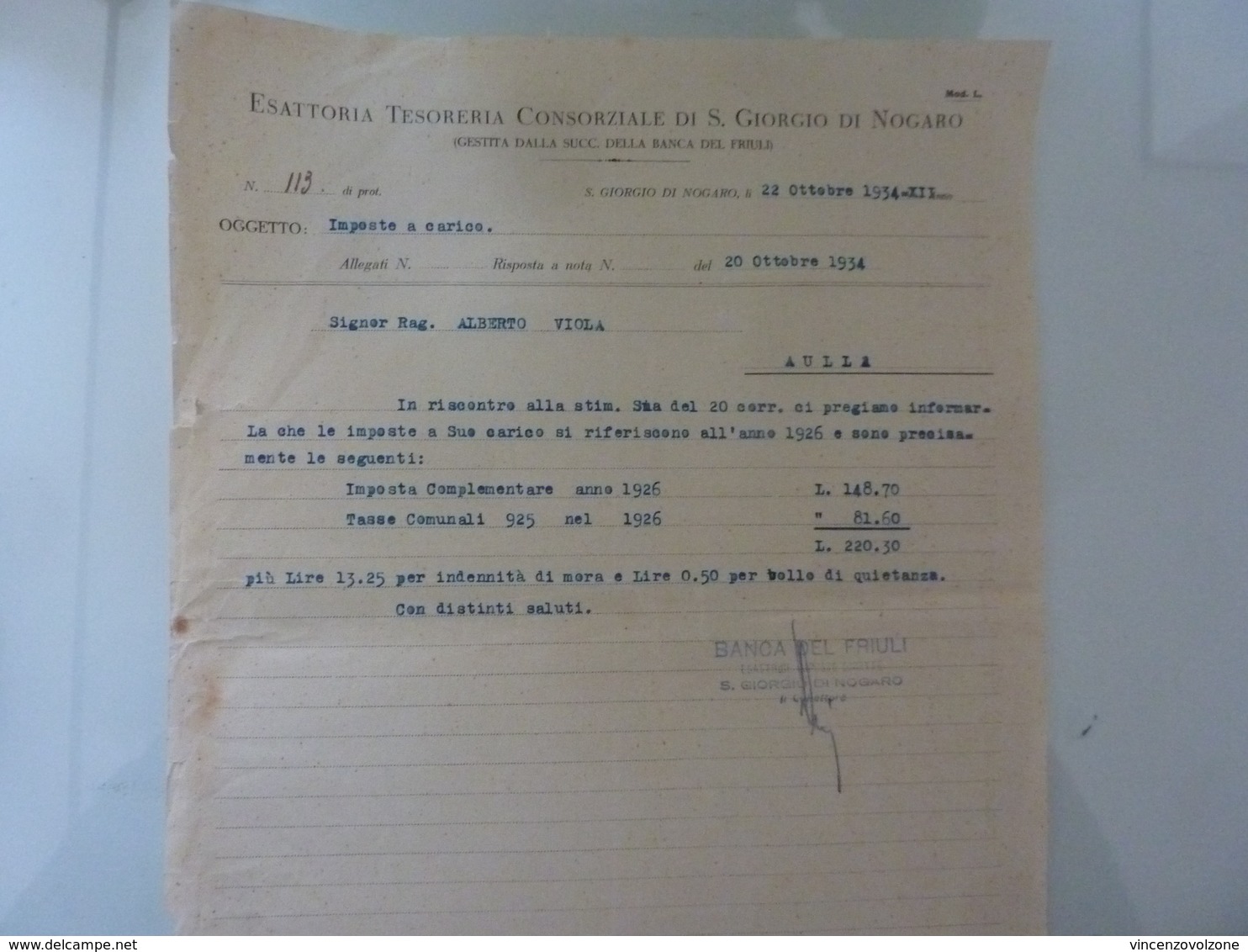 Lettera "ESATTORIA TESORERIA CONSORZIALE DI S. GIORGIO NOGARO" 1934 - Italia