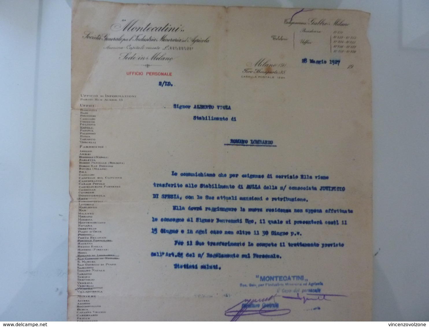 Lettera Commerciale "MONTECATINI Ufficio Personale - Stabilimento Di Romano Lombardo" 1927 - Italia