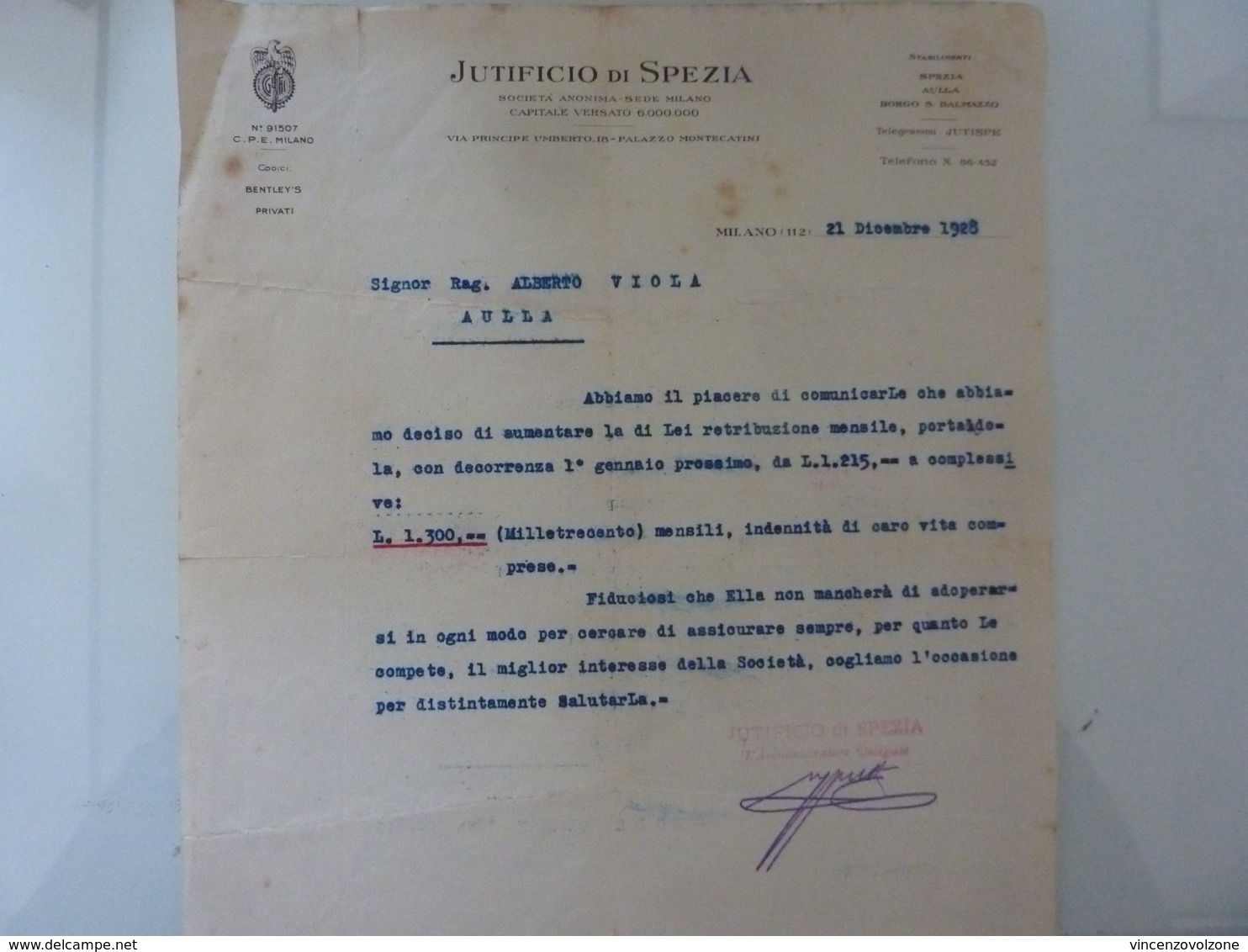 Lettera Commerciale "JUTIFICIO DI  SPEZIA" 1928 - Italie