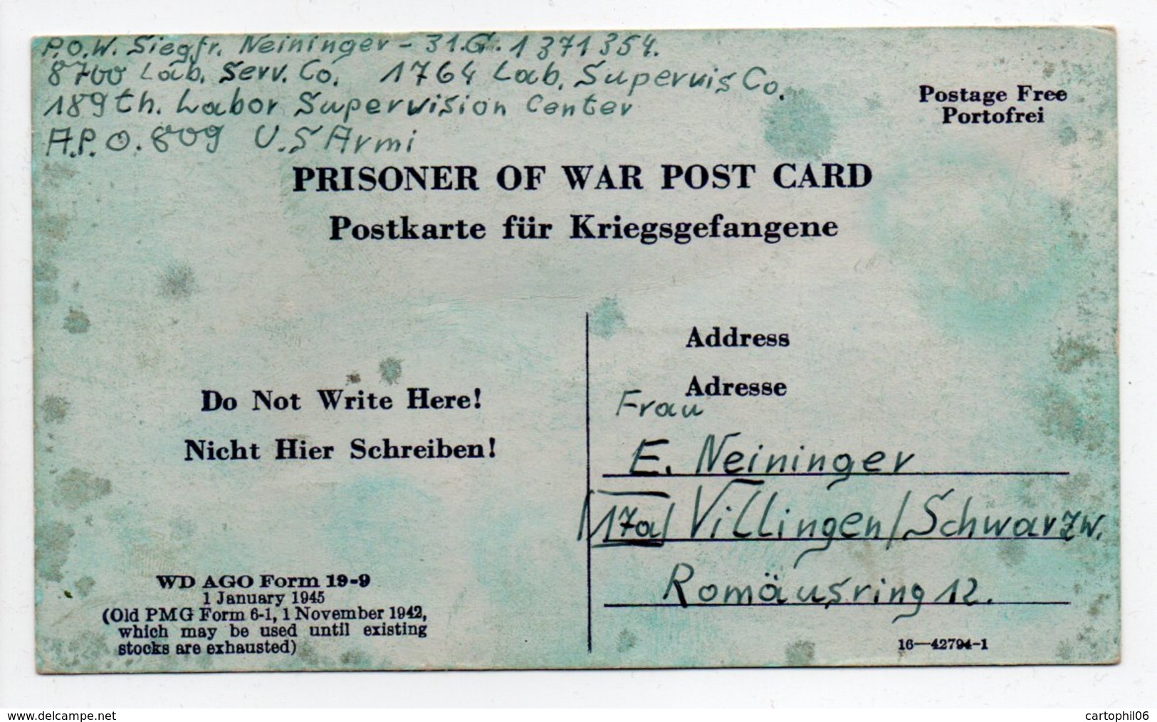 - PRISONER OF WAR POST CARD 19.1.1946 - A ETUDIER - - Lettres & Documents