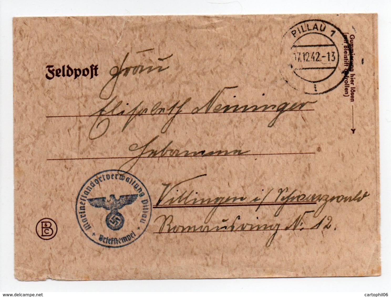 - Lettre PILLAU Pour VILLINGEN (Allemagne) 17.12.1942 - A ETUDIER - - Lettres & Documents