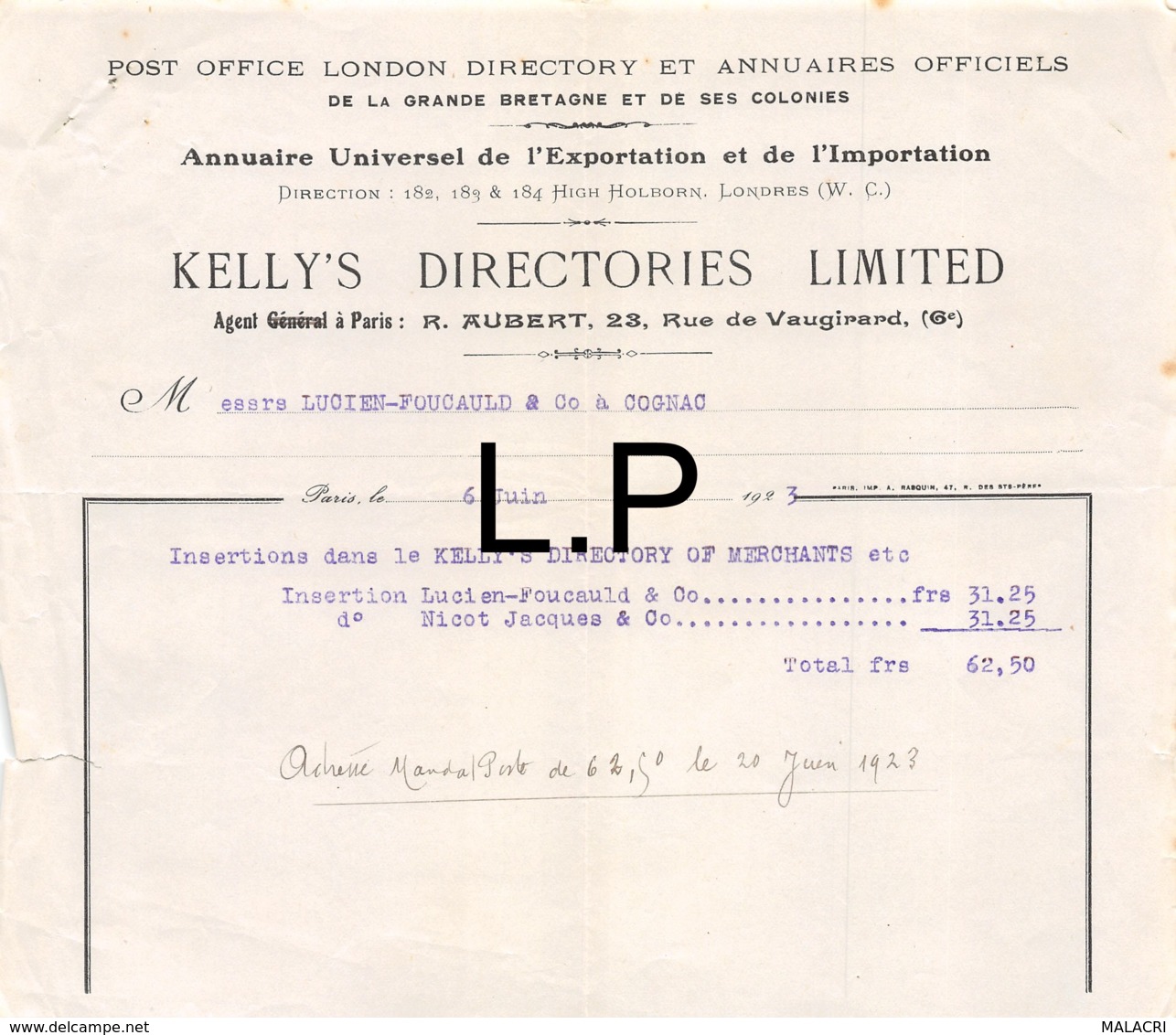 16-1377    1923 POST OFFICE LONDON DIRECTORY ET ANNUAIRES OFFICIELS DE LA GRANDE BRETAGNE ET DE SES COLONIES KELLY S DIR - 1900 – 1949