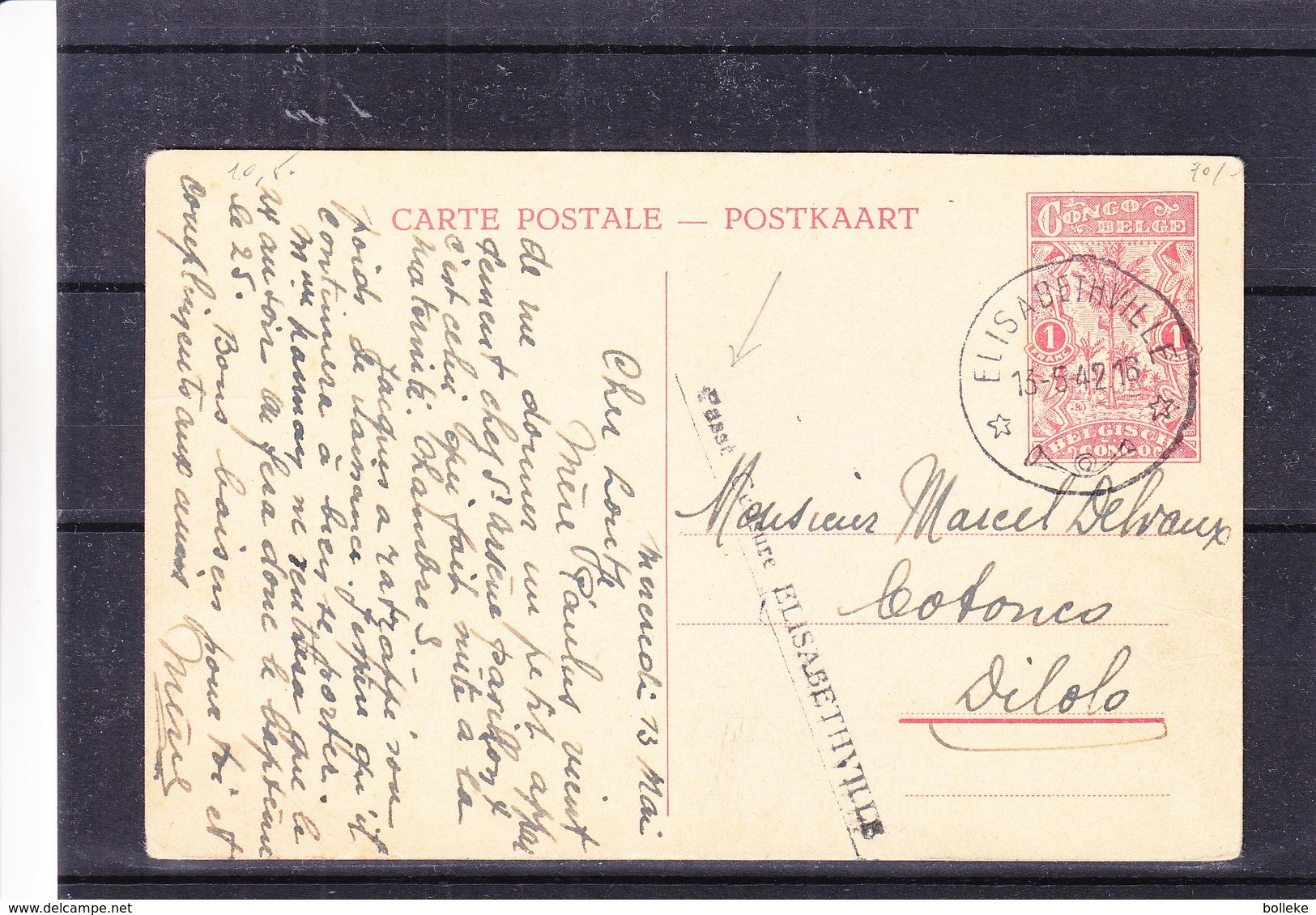 Congo Belge - Carte Postale De 1942 - Entiers Postaux - Oblit Elisabethville - Exp Vers Dilolo - Avec Griffe Censure - Postwaardestukken