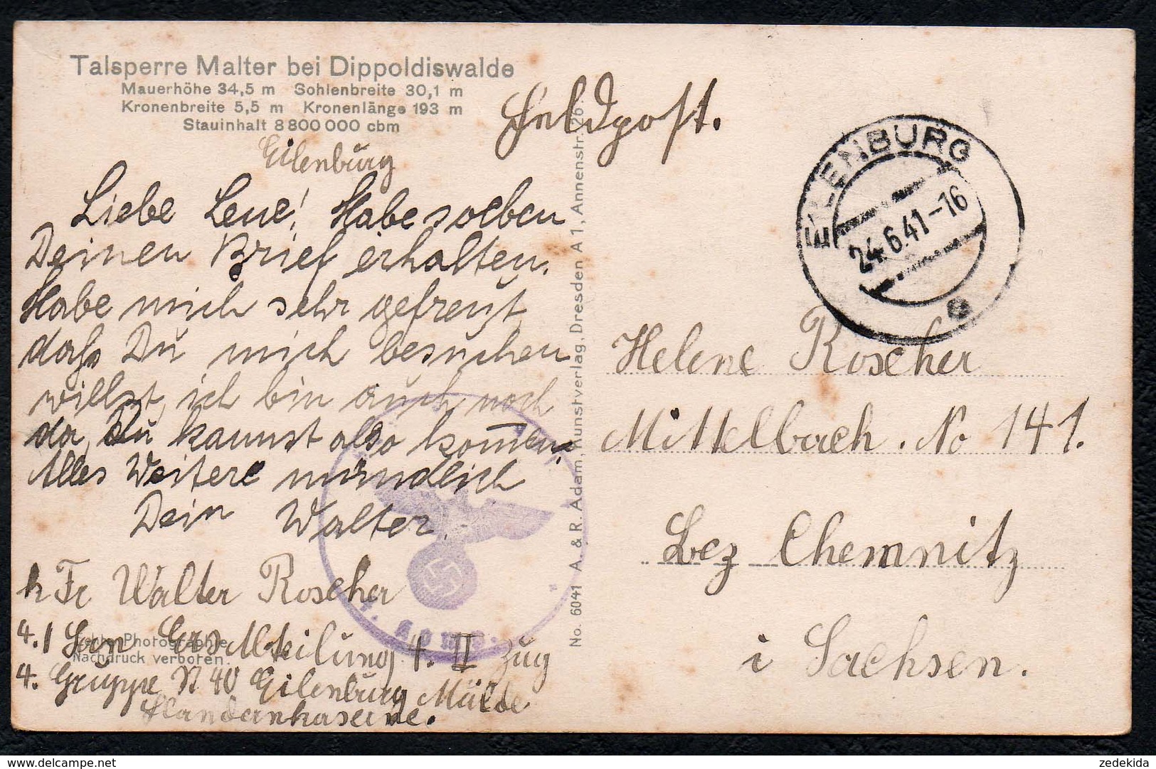 C3539 - Talsperre Malter Bei Dippoldiswalde - A&R Adam - Feldpost 2. WK WW Eilenburg - Dippoldiswalde