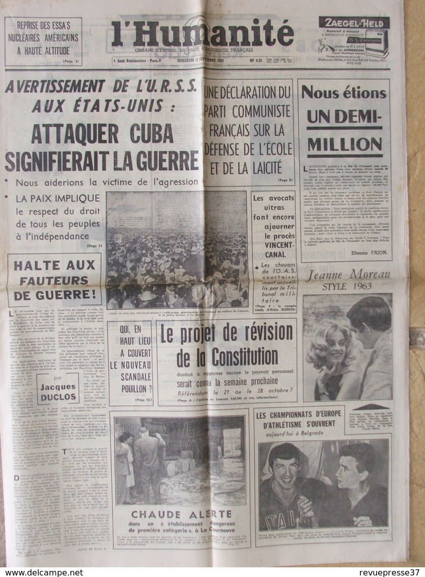 Journal L'Humanité (12 Sept 1962) Avertissement URSS Aux E.U - Projet Révision Constitution - 1950 à Nos Jours