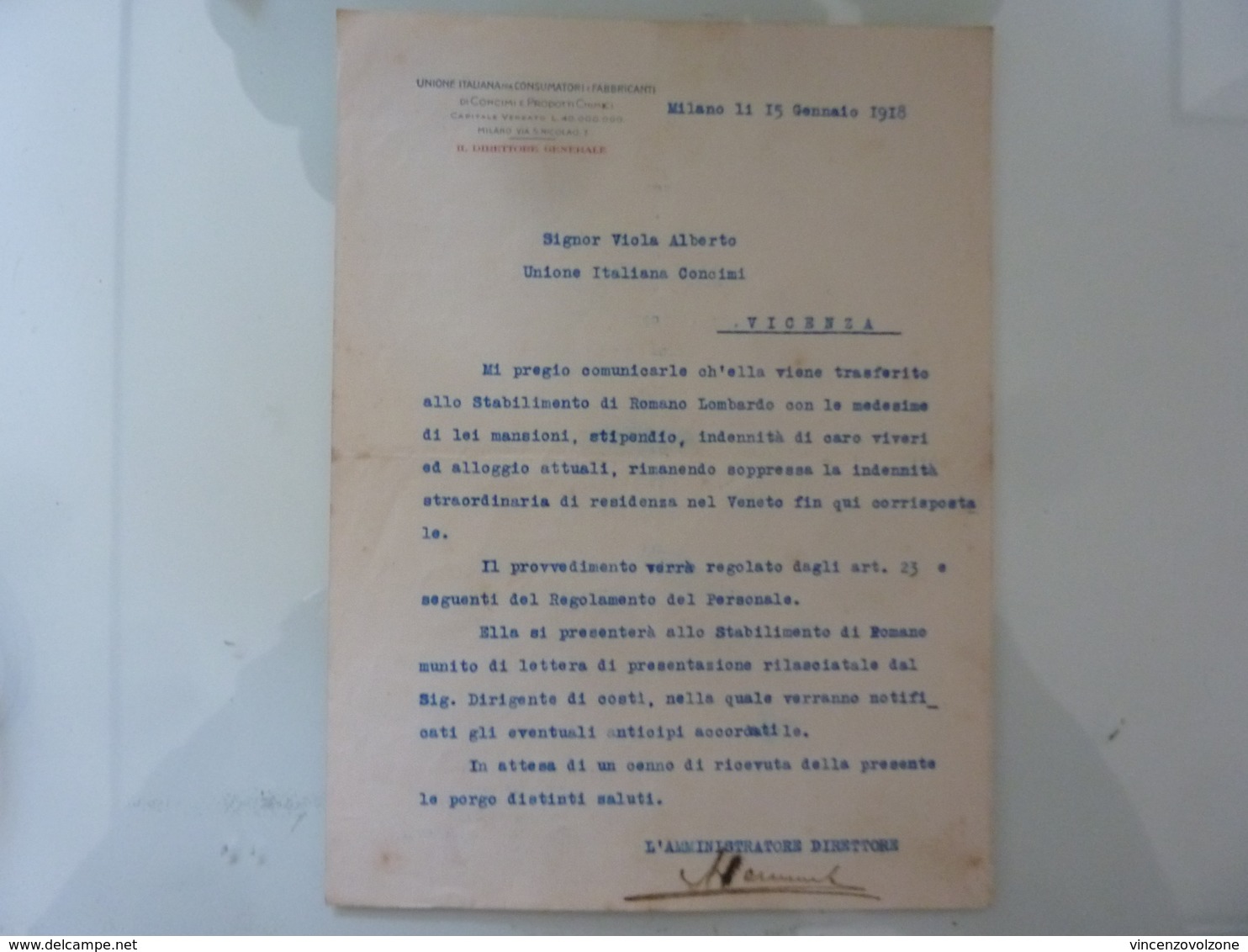 Lettera "UNIONE ITALIANA FRA CONSUMATORI E FABBRICANTI DI CONCIMI E PRODOTTI CHIMICI" 1918 - Italia