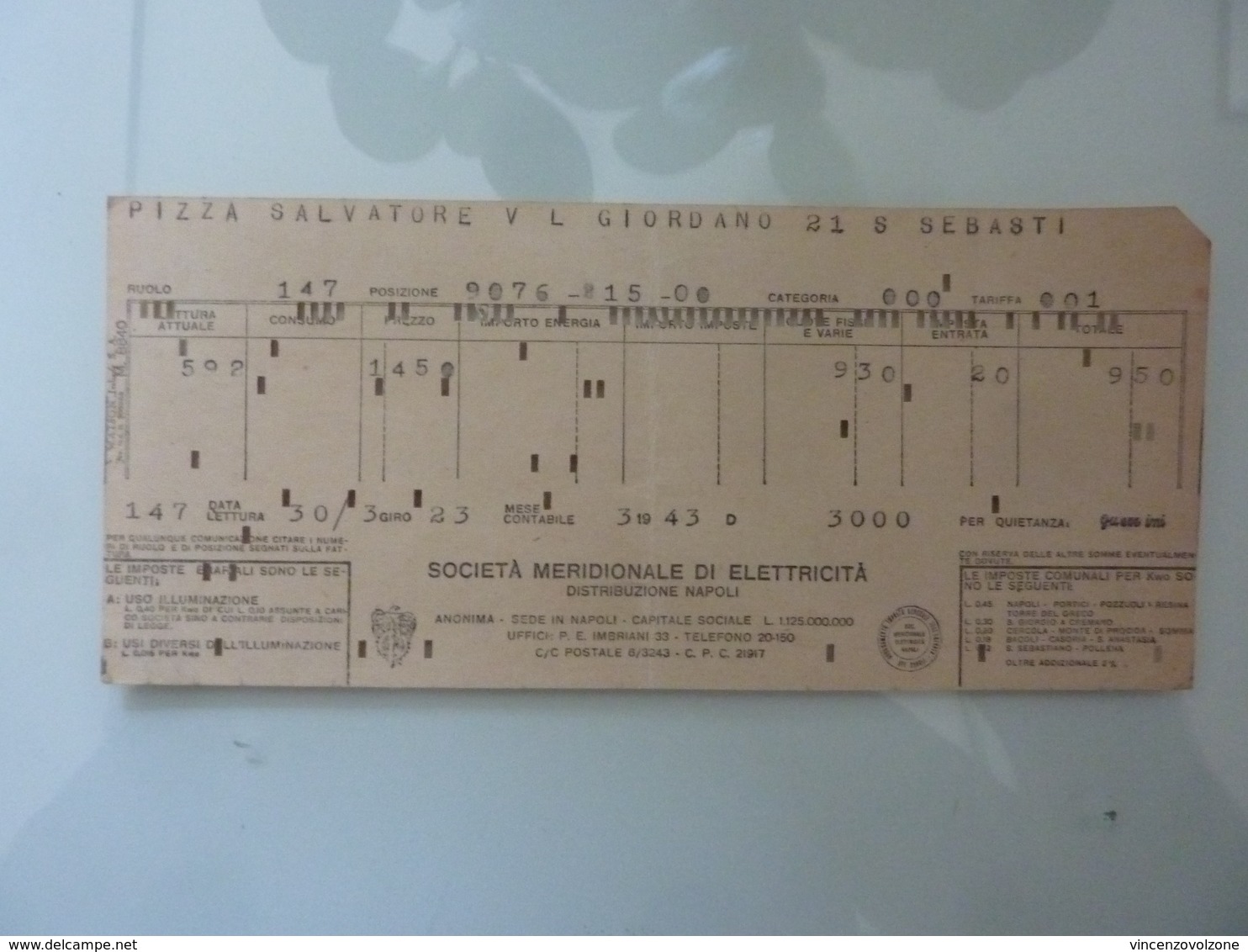 Scheda Lettura Perforata "SOCIETA' MERIDIONALE DI ELETTRICITA' Napoli" 1943 - Italia