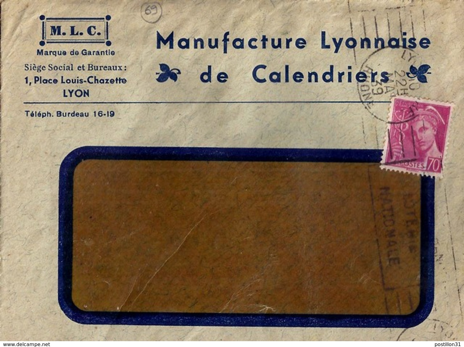 69 - RHONE - LYON  - 1939 - ENTETE "MANUFACTURE DE CALENDRIERS/ MLC" - Cachets Manuels