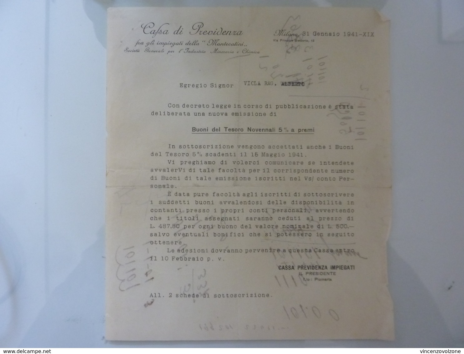 Lettera "CASSA DI PREVIDENZA PER GLI IMPIEGATI DELLA  MONTECATINI" 1941 - Italia