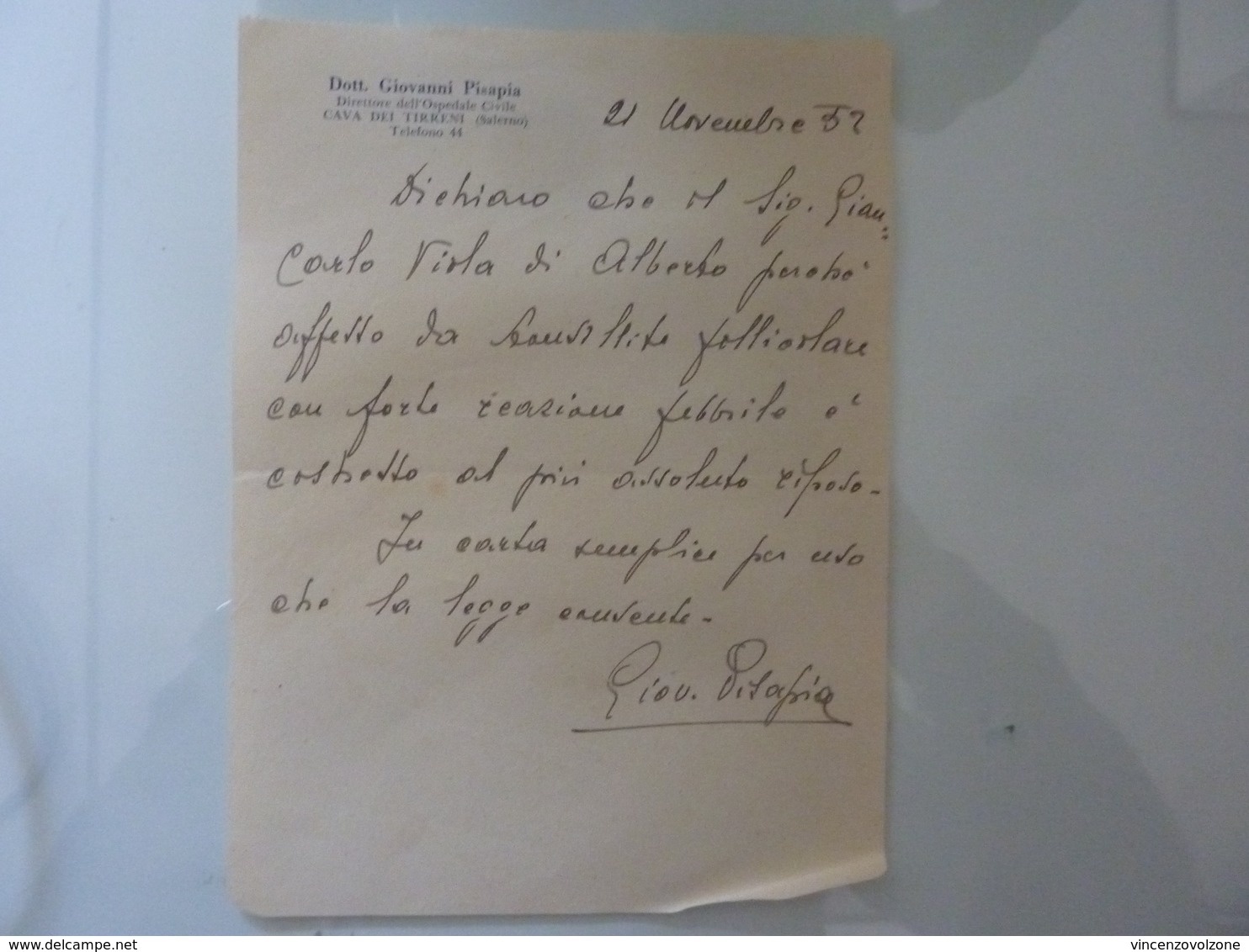 Certificato Medico "Dott. GIOVANNI PISAPIA Direttore Ospedale Civile CAVA DEI TIRRENI" 1952 - Manoscritti