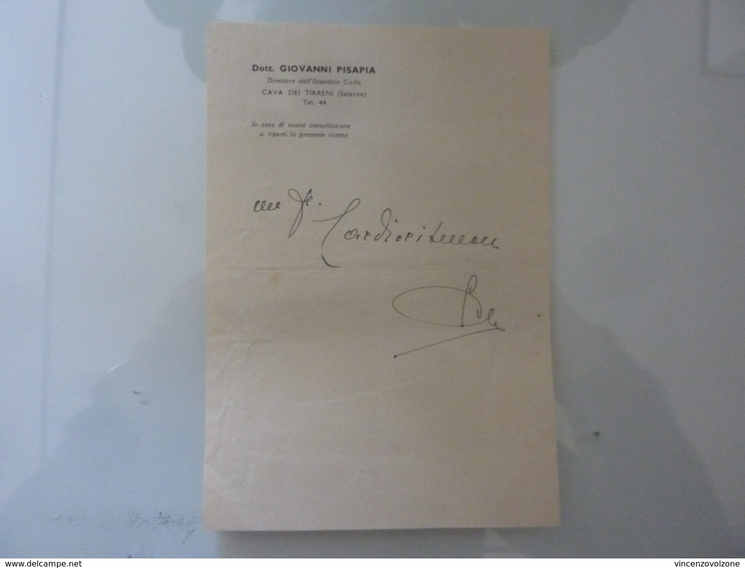 Ricetta Farmaceutica "Dott. GIOVANNI PISAPIA Direttore Ospedale Civile CAVA DEI TIRRENI" 1953 - Manoscritti