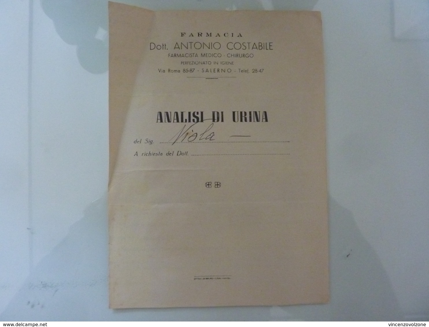 Documento "FARMACIA Dott. ANTONIO COSTABILE Farmacista Medico Chirurgo, Salerno  ANALISI DI URINA" 1948 - Manoscritti