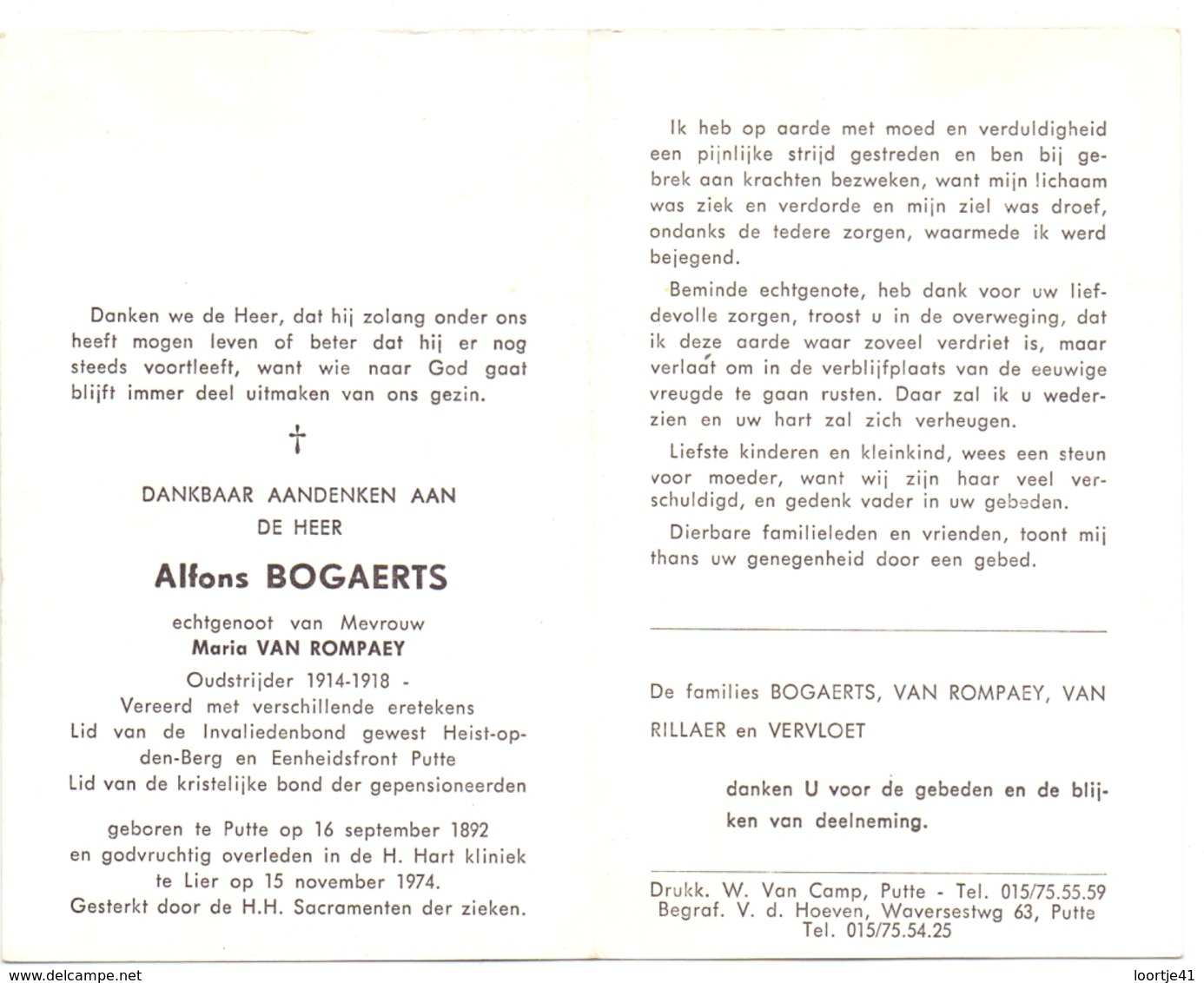 Devotie Doodsprentje Overlijden - Oudstrijder Alfons Bogaerts - Putte 1892 - Lier 1974 - Décès