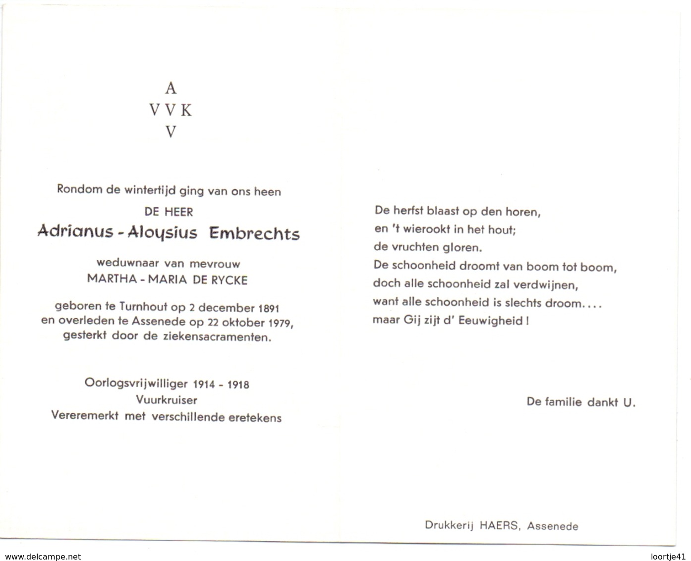 Devotie Doodsprentje Overlijden - Oudstrijder Adrianus Embrechts - Turnhout 1891 - Assenede 1979 - Décès