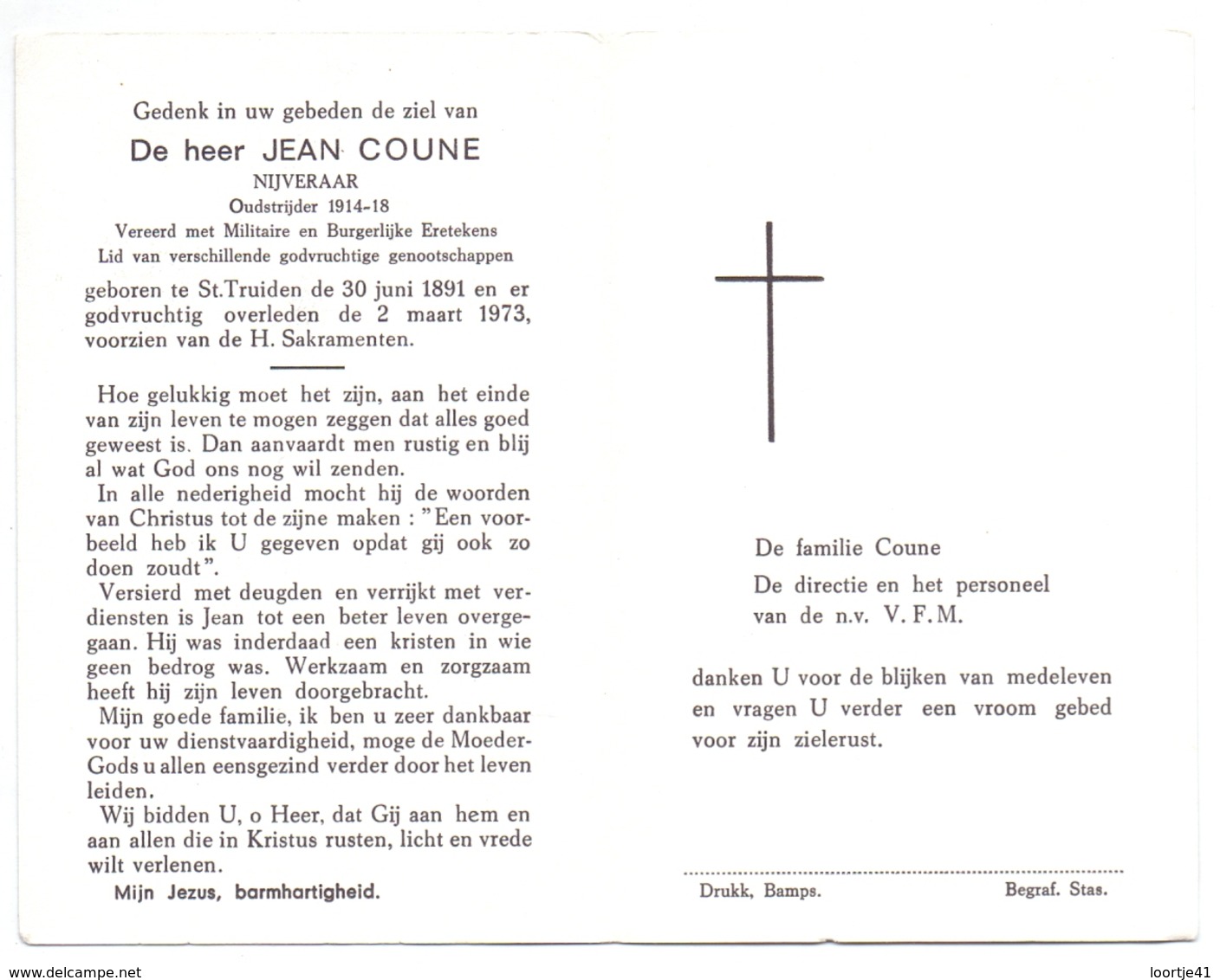 Devotie Doodsprentje Overlijden - Oudstrijder Jean Coune - St Truiden 1891 - 1973 - Décès