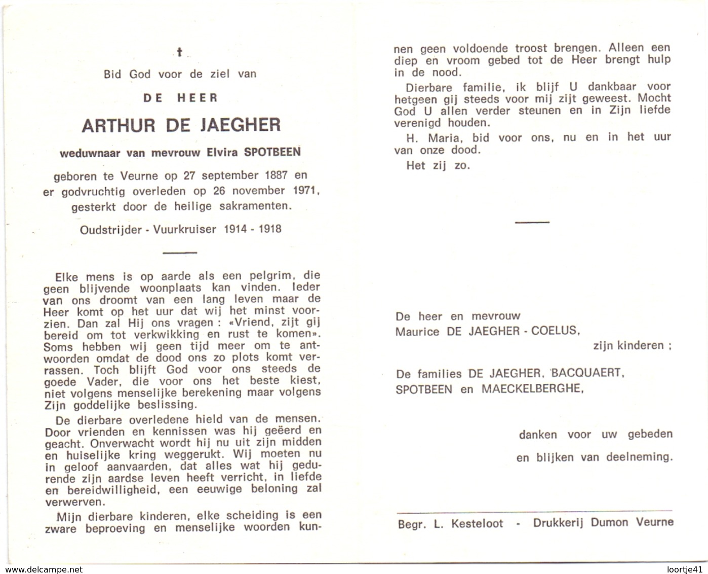 Devotie Doodsprentje Overlijden - Oudstrijder Arthur De Jaegher - Veurne 1887 - 1971 - Décès