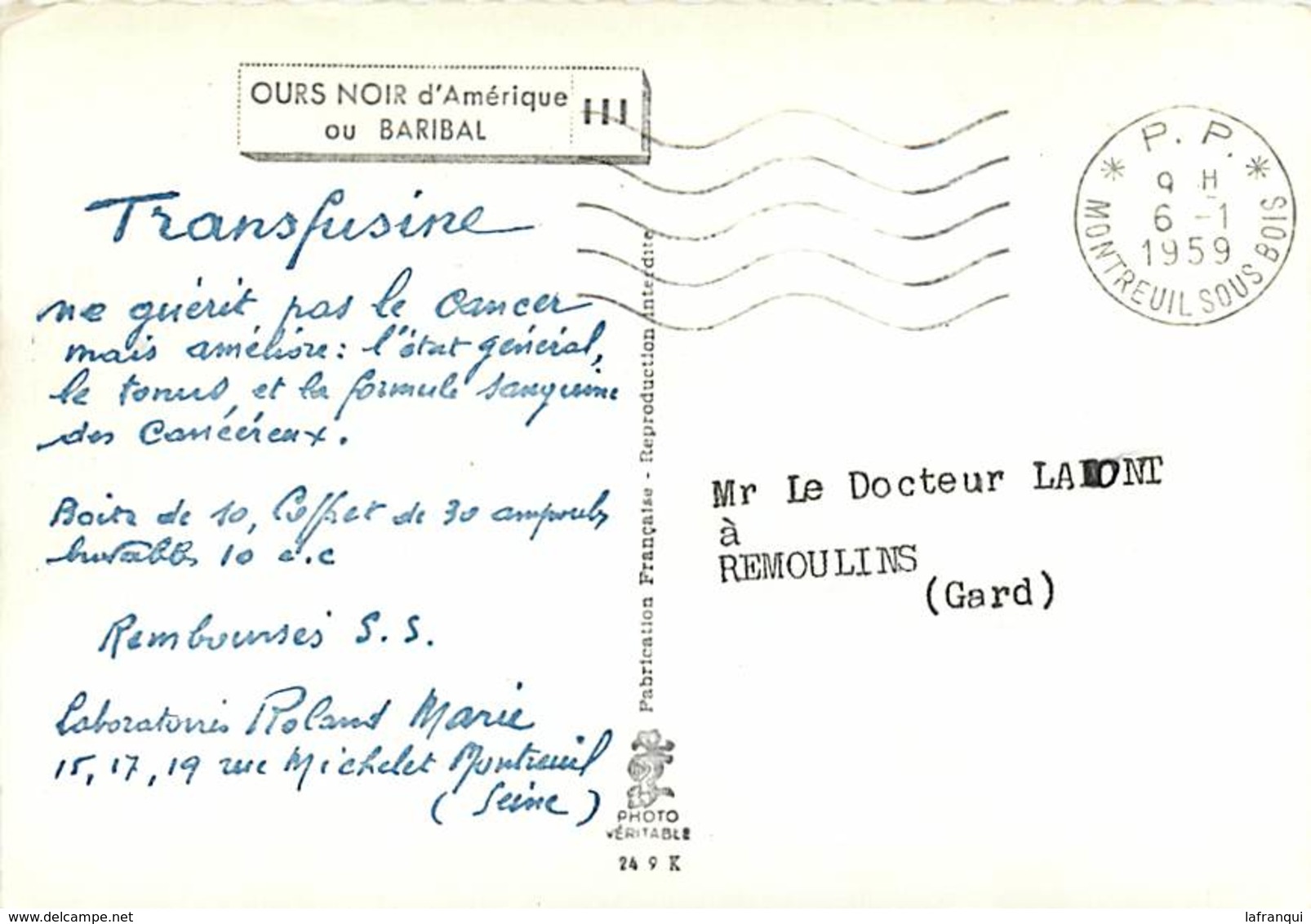 Gd Format :environ15cms X10cms -ref Y551- Ours D Amerique -publicité Santé Laboratoires Roland Marie De Montreuil - - Ours