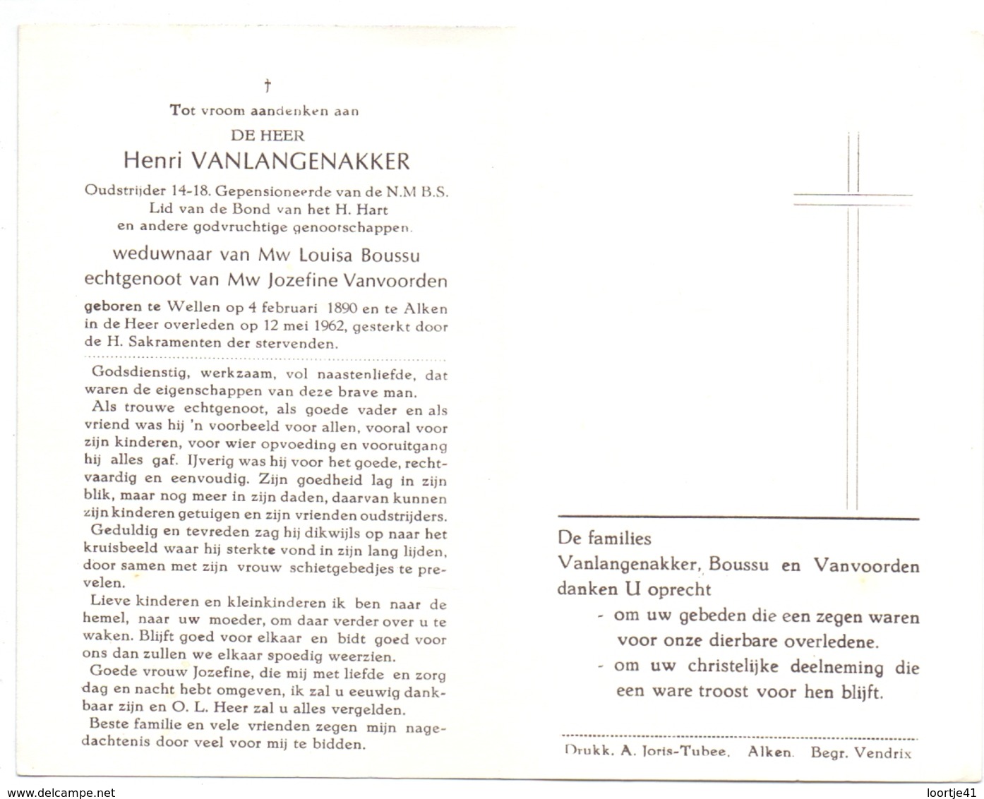 Devotie Doodsprentje Overlijden - Oudstrijder Henri Vanlangenakker - Wellen 1890 - Alken 1962 - Décès