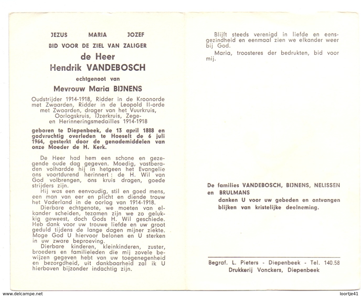 Devotie Doodsprentje Overlijden - Oudstrijder Hendrik Vandebosch - Diepenbeek 1888 - Hoeselt 1964 - Décès