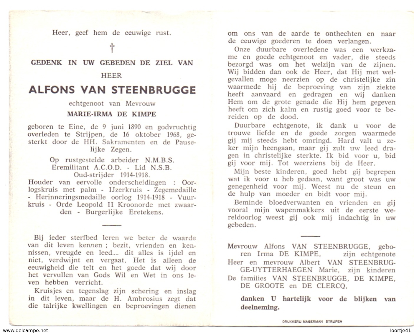 Devotie Doodsprentje Overlijden - Oudstrijder Alfons Van Steenbrugge - Eine 1890 - Strijpen 1968 - Décès