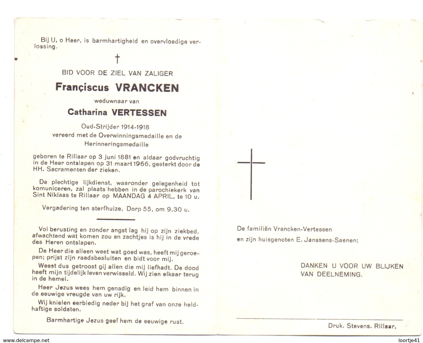 Devotie Doodsprentje Overlijden - Oudstrijder Franciscus Vrancken - Rillaar 1881 - 1966 - Esquela