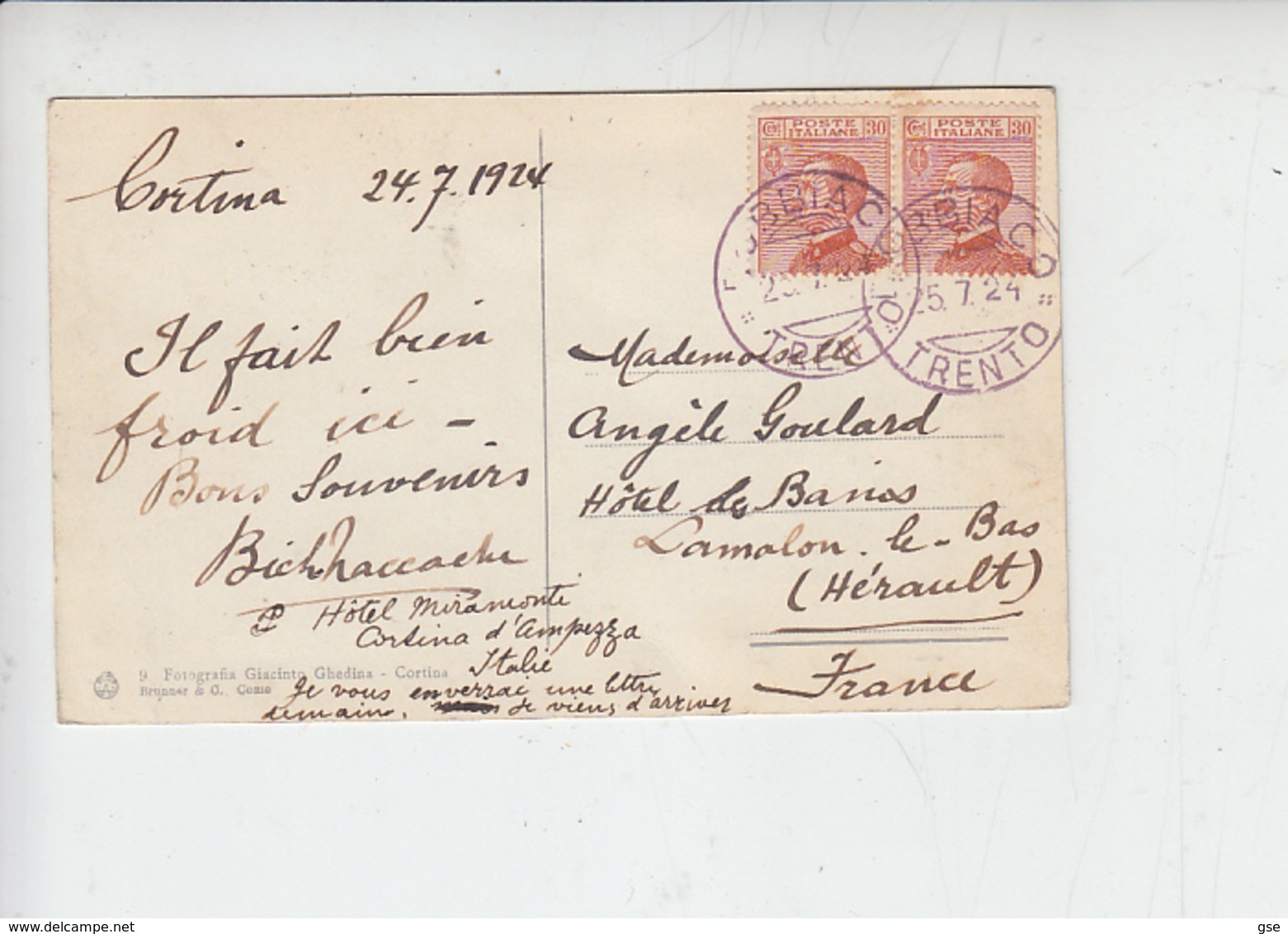 ITALIA  1929 - Sassone  127 -  Cartolina Da Dobbiaco Per La  Francia (annullo Colore Violetto) - Storia Postale