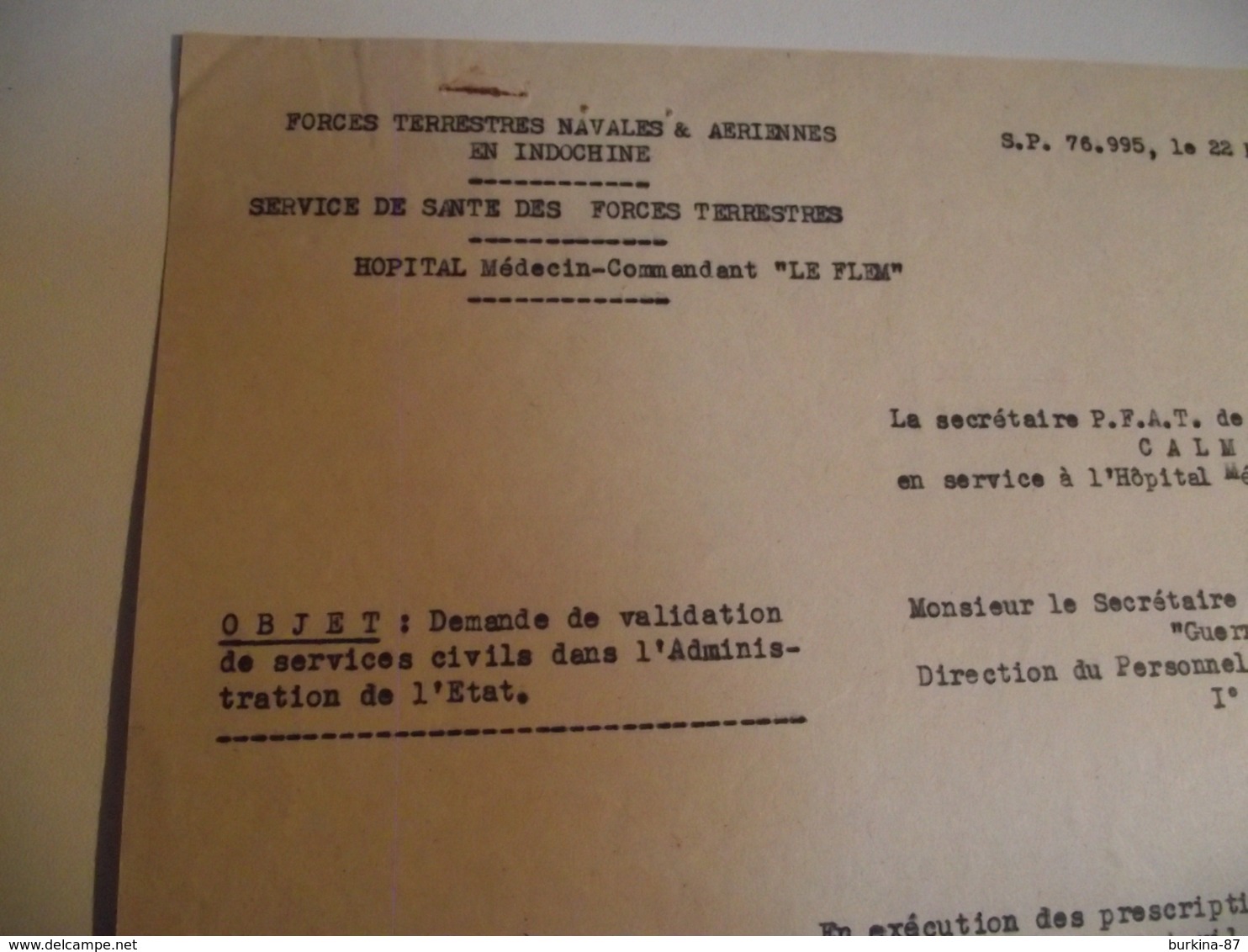 Demande De Validation Service Civil, 1951, Forces Aérienne En Indochine - Documents