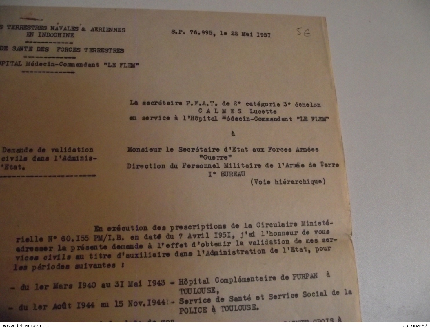 Demande De Validation Service Civil, 1951, Forces Aérienne En Indochine - Documents