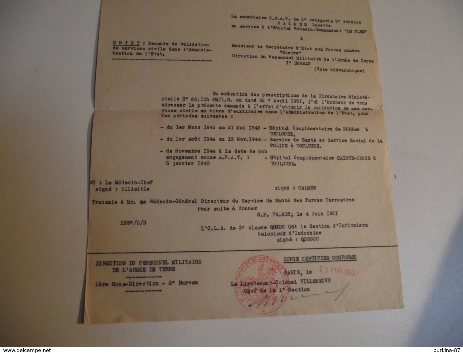 Demande De Validation Service Civil, 1951, Forces Aérienne En Indochine - Documents