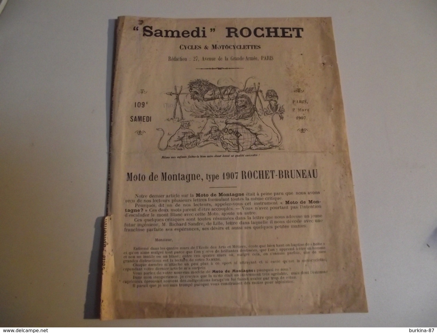 Samedi Rochet Cycles Et Motocycles, Revue 1907 - Autres & Non Classés